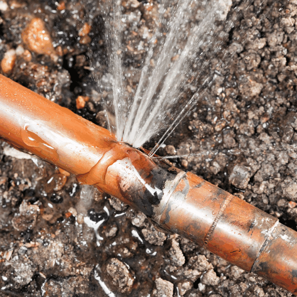 image of a burst pipe spraying water onto the ground