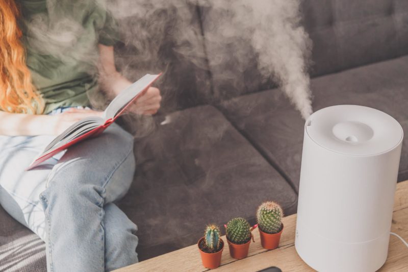 Household humidifier at home on table near woman reading on sofa.