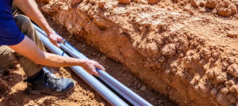 Plumber installing new water pipes in an underground trench as part of a whole-home repiping project.